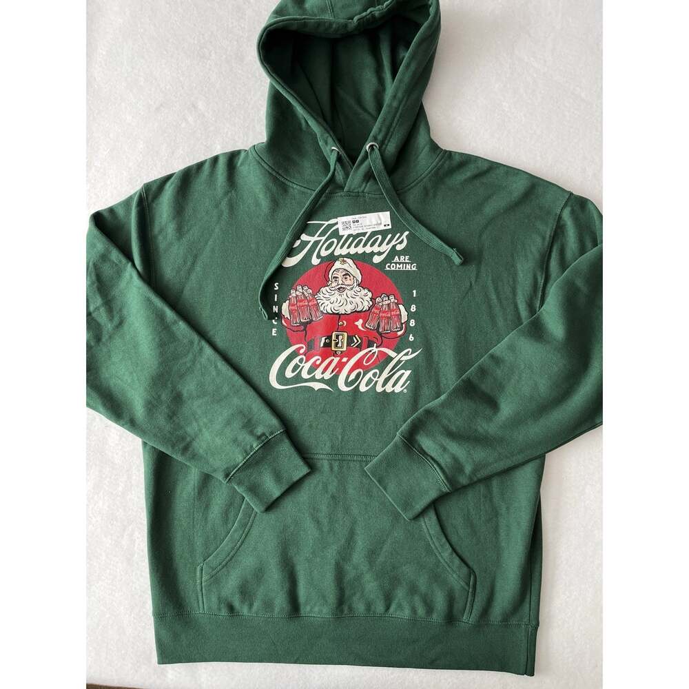 Coca-Cola Hoodie Men XL Green Holidays Santa Graphic Fleece Kangaroo Pocket